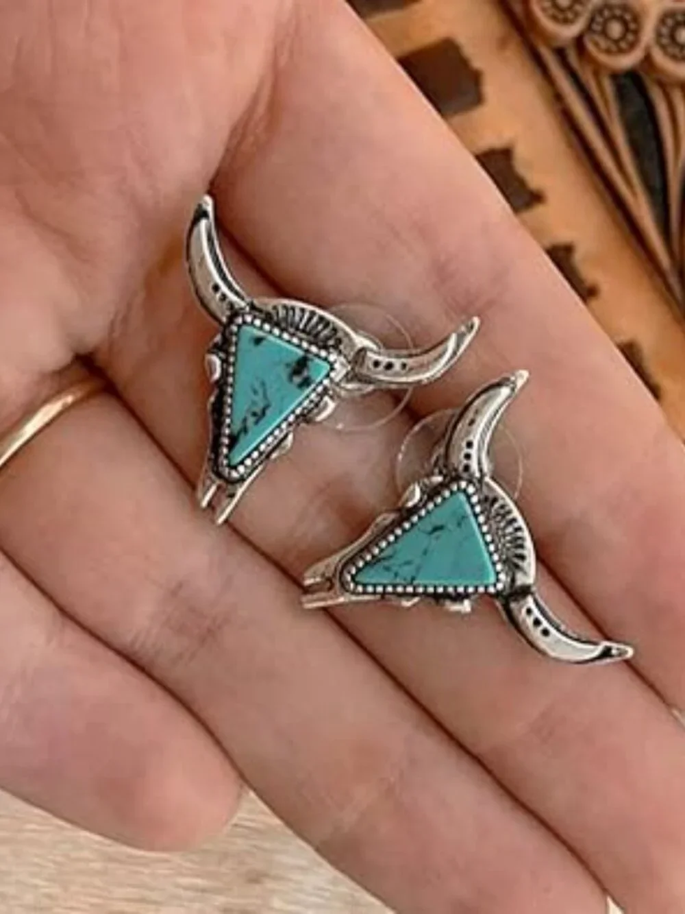 Bull Head Turquoise and Silver Tone Earrings Bohemian Cowgirl Chunky‎ Statement